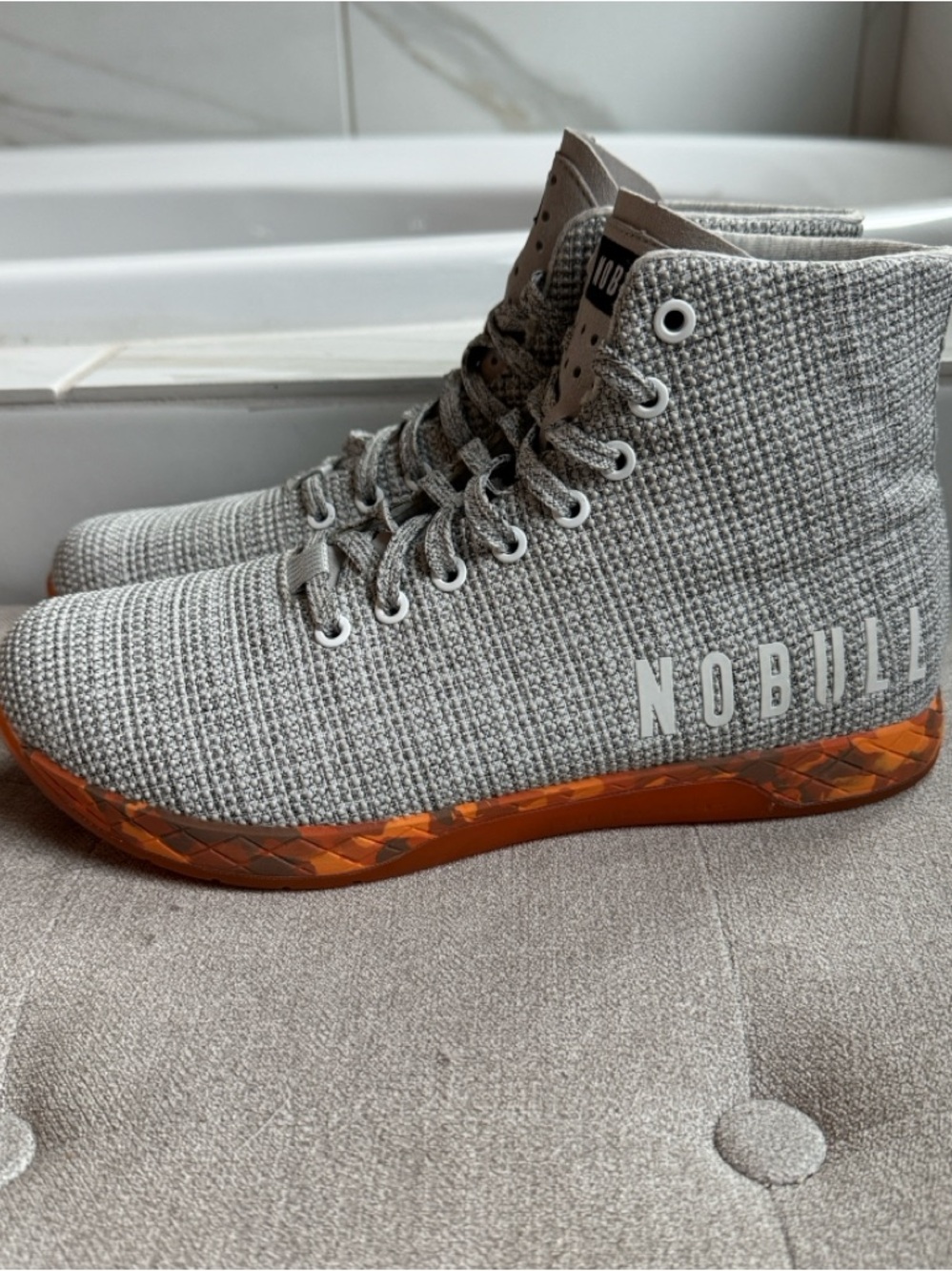 NOBULL Gray Knit High-Top Sneakers with Orange Marbled Sole